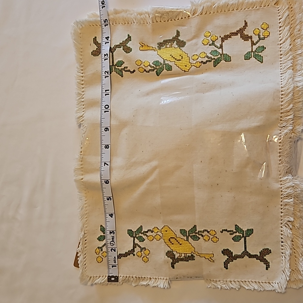Hand Crafted placemats cross stitch yellow bird matching napkins retro 12pc set - Picture 11 of 17